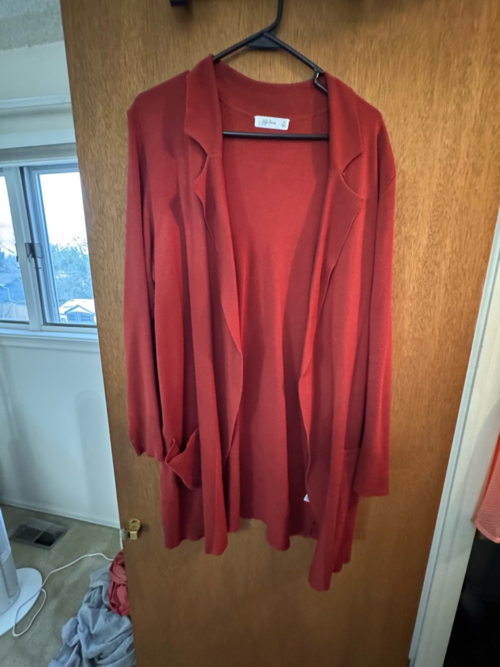 Women's Open-Front Brick Red Cardigan with Patch Pockets